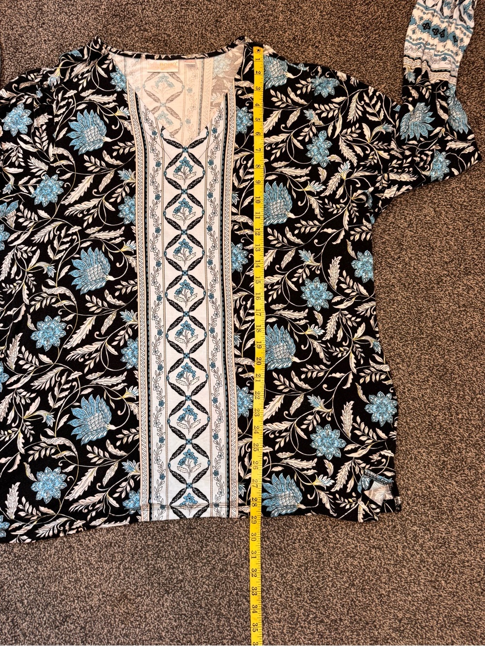 Belle by Kim Gravel Floral Boho Boarder Print Tunic Blouse Black Blue Size 2X - Picture 9 of 11
